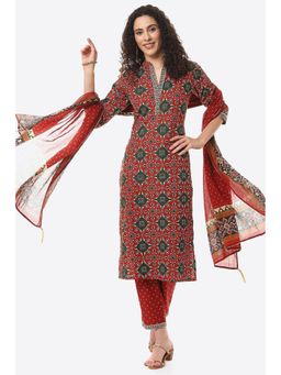 Biba - Red Cotton Unstitched Suit (Set of 3)