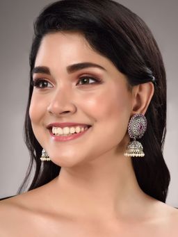 Saraf RS Jewellery - Silver Plated Magenta Color Contemporary Jhumka Earrings