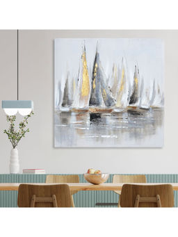 HomeTown - Ilona Boats Canvas Hand Painted Painting With Gold Foil, Grey 60X60Cm