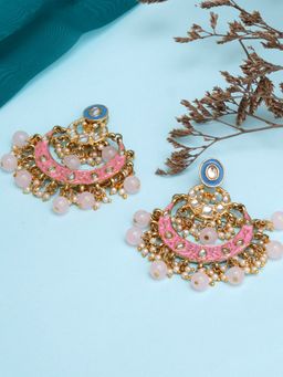 Karatcart - Gold Plated Pink and Blue Meena Kundan Chandbali Earrings for Women