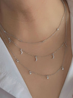 Mon Tresor - 3 Row Crescent And Round Diamond Charm Necklace - White