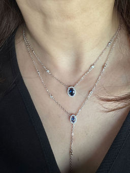 Mon Tresor - Double Row Attached Necklace With Blue Oval Gemstones
