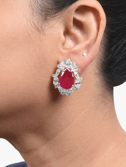 Mon Tresor - Pear Shaped Ruby Stud Earrings Different Shaped Diamond Halo - Red