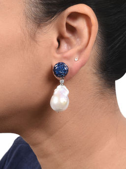 Mon Tresor - Blue Sapphire Invisible Setting Top With Baroque Pearl Drop Earrings