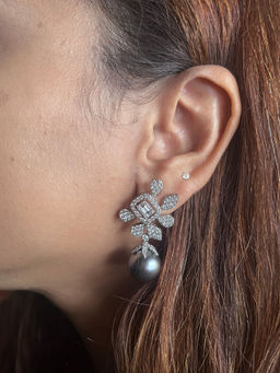 Mon Tresor - Fused Floral Cluster With Grey Pearl Drop Earrings