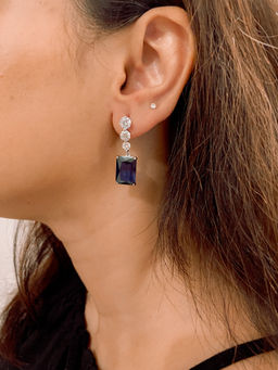 Mon Tresor - Graded Dia Line With Rectangle Blue Drop Earrings - Navy Blue