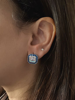 Mon Tresor - Asscher Cut Diamond Blue Baguette Halo Stud Earrings