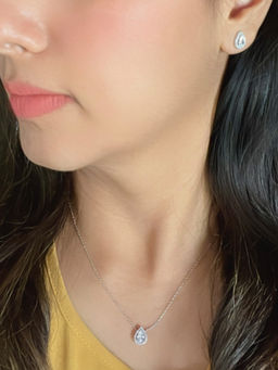 Mon Tresor - Pear Solitaire Halo Pendant Necklace with Pair Of Earrings - White