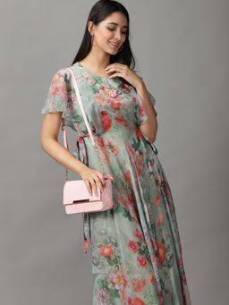 SHOWOFF - Womens Round Neck Maxi Sea Green Floral Dress