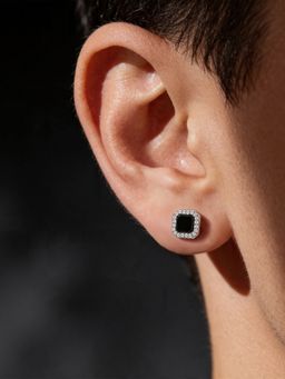 TOUCH925 - Pure 925 Silver Rectangular Onyx Halo Unisex Stud
