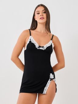 Styli - Womens Thigh High Slit Contrast Lace Edge Detail Slip Dress