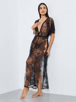 Styli - Womens Black Floral Thigh High Slit Lace Maxi Slip Dress with Thong