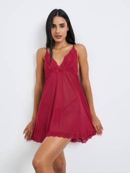 Styli - Womens Scalloped Lace Hem Babydoll with Thong