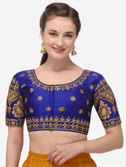 Amrutam Fab - Womens Embroidered Blue Phantom Silk Stiched Blouse With Round Neck