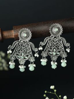 Priyaasi - Silver Plated Green Stone Earrings