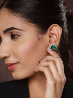 Priyaasi - Silver Plated Emarald Stud Earrings