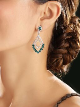 Priyaasi - Silver Plated Green Crystal Drop Earrings