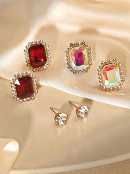 Priyaasi - Silver Plated Red Crystal Stud Earrings (Pack of 3)