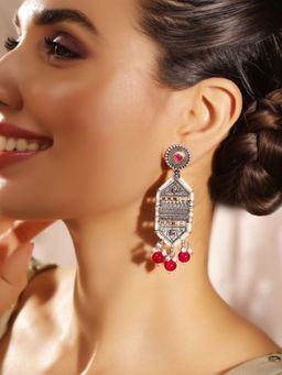 Priyaasi - Red Silver Plated Oxidized Drop Earrings