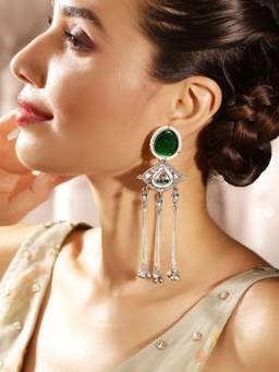 Priyaasi - Green Silver Plated Oxidized Dangle Earrings