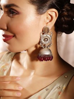 Priyaasi - Pink Silver Plated Oxidized Jhumka Earrings