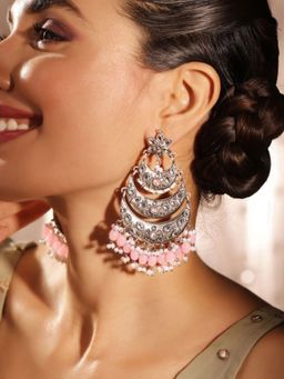Priyaasi - Pink Silver Plated Oxidized Chandbali Earrings