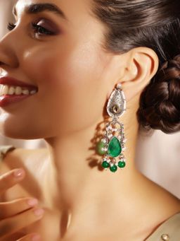 Priyaasi - Silver Plated Green Oxidized Dangle Earrings