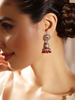 Priyaasi - Red Silver Plated Red Oxidized Jhumka Earrings
