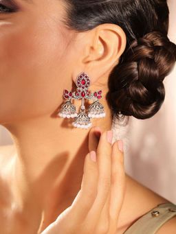 Priyaasi - Silver Plated Red Oxidized Drop Earrings