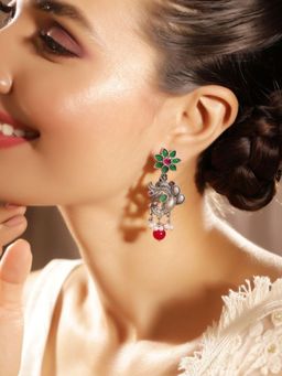 Priyaasi - Silver Plated Green Oxidized Drop Earrings