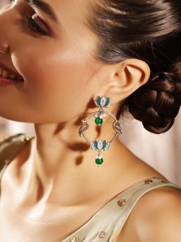 Priyaasi - Silver Plated Green Oxidized Drop Earrings