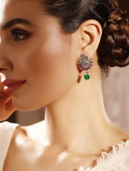 Priyaasi - Pink Silver Plated Oxidized Drop Earrings