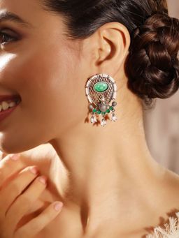Priyaasi - Silver Plated Green Oxidized Drop Earrings