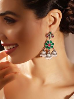 Priyaasi - Silver Plated Green Oxidized Drop Earrings
