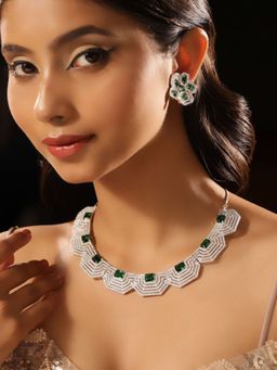 Priyaasi - Silver Plated Green Emarald American Diamond Jewellery Set