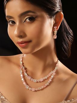 Priyaasi - Rose Gold Plated Peach-Green American Diamond Jewellery Set