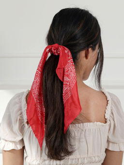 ToniQ - Red & White Paisley Printed Scarf Satin Scrunchie Rubber Band For Women