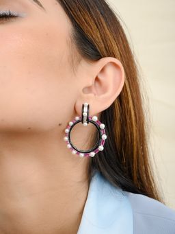 METALM - 925 Silver Pearl Hoop Circle Dangler Earrings