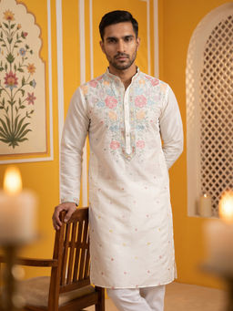 Jompers - White Silk Blend Embroidered Kurta