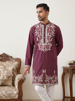 Jompers - Men Japanese Fabric Embroidered Wine Kurta