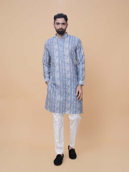 EKATVA ETHNIC - Men Blue Printed Cotton Linen Kurta with Pyjama