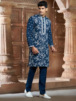 EKATVA ETHNIC - Men Teal Chanderi Heavy Embroidery Kurta With Pyjama