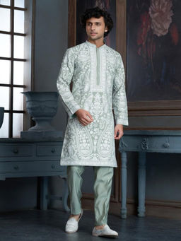 EKATVA ETHNIC - Men Pista Green Chanderi Heavy Embroidery Kurta With Pyjama