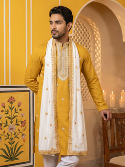 Jompers - Mustard Embroidered Silk Blend Kurta and Dupatta