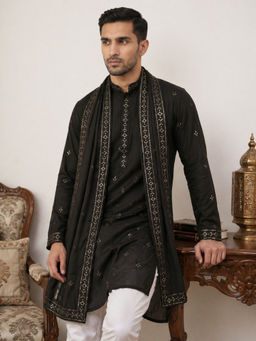 Jompers - Silk Blend Embroidered Black Kurta with Dupatta