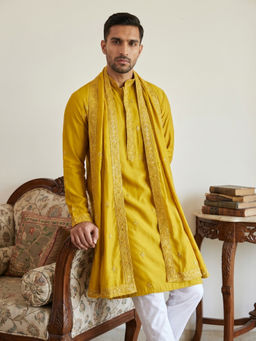 Jompers - Silk Blend Embroidered Mustard Kurta with Dupatta