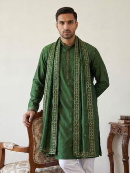 Jompers - Silk Blend Embroidered Olive Kurta with Dupatta