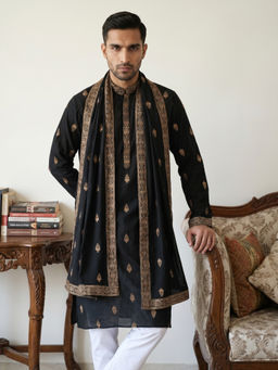 Jompers - Black Silk Blend Embroidered Kurta With Dupatta