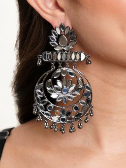 Karatcart - Black Silver Plated Floral Design Mirror Work Long Dangler Earrings for Women