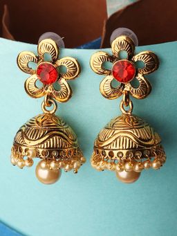 Anika's Creations - Traditional Gold Plated Floral Shape Designer Red Stone and Pearl Jhumka